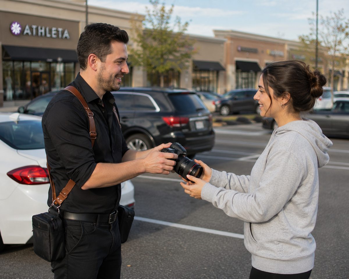 The same photographer handing his camera to someone renting it for the weekend